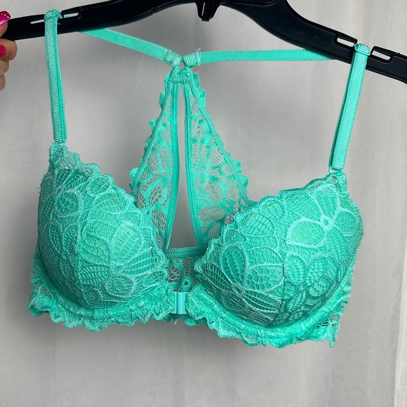 3/$20💥 Victoria’s Secret PINK Bra Teal Blue Lace Date Racerback Padded Push Up - Picture 8 of 14